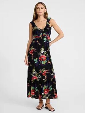 Floral V-Neck Ruched Ruffle Waist Sleeveless Tiered Maxi Dress